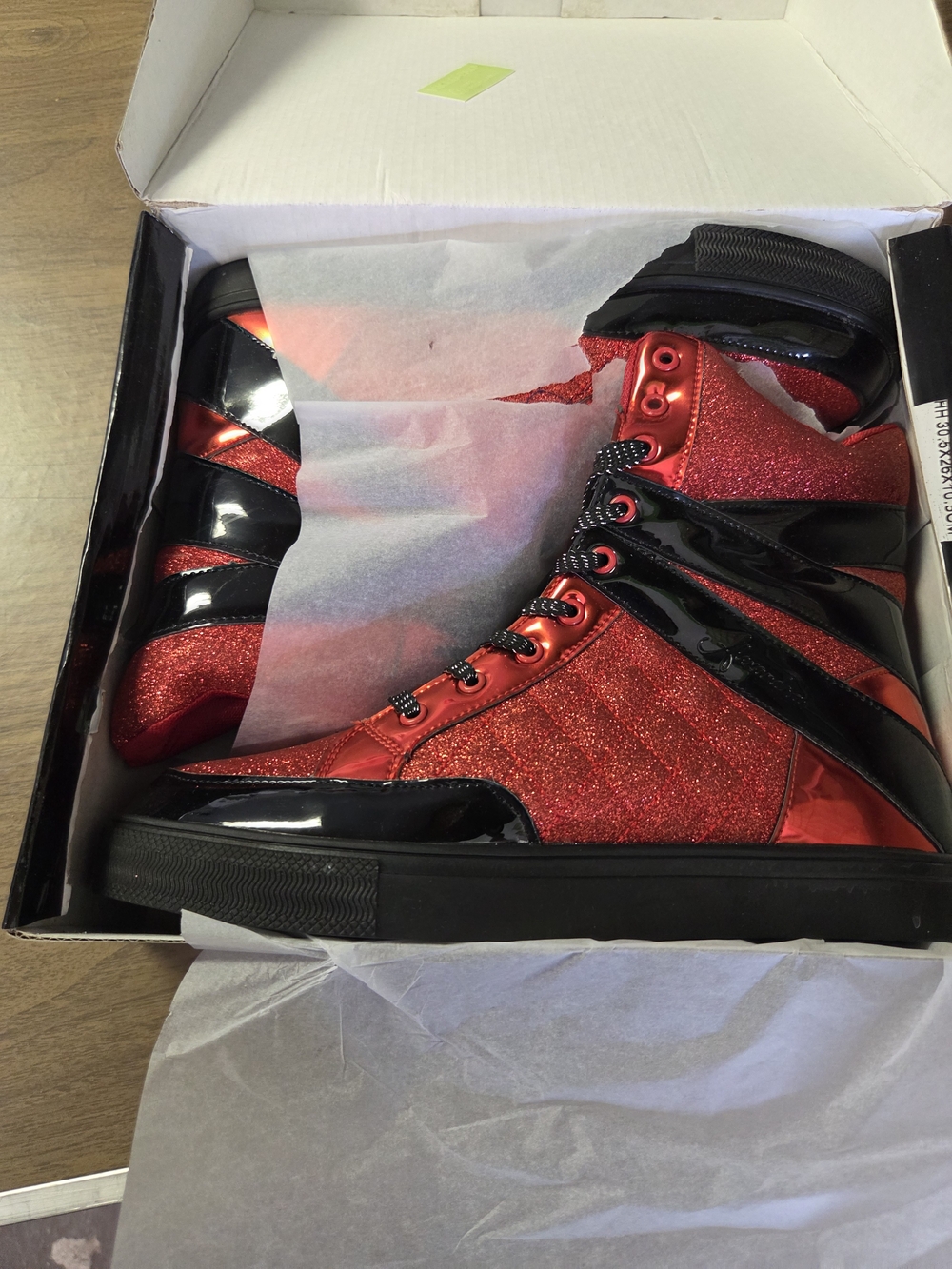 Red Glitter High-Top Sneakers with Black Patent Trim